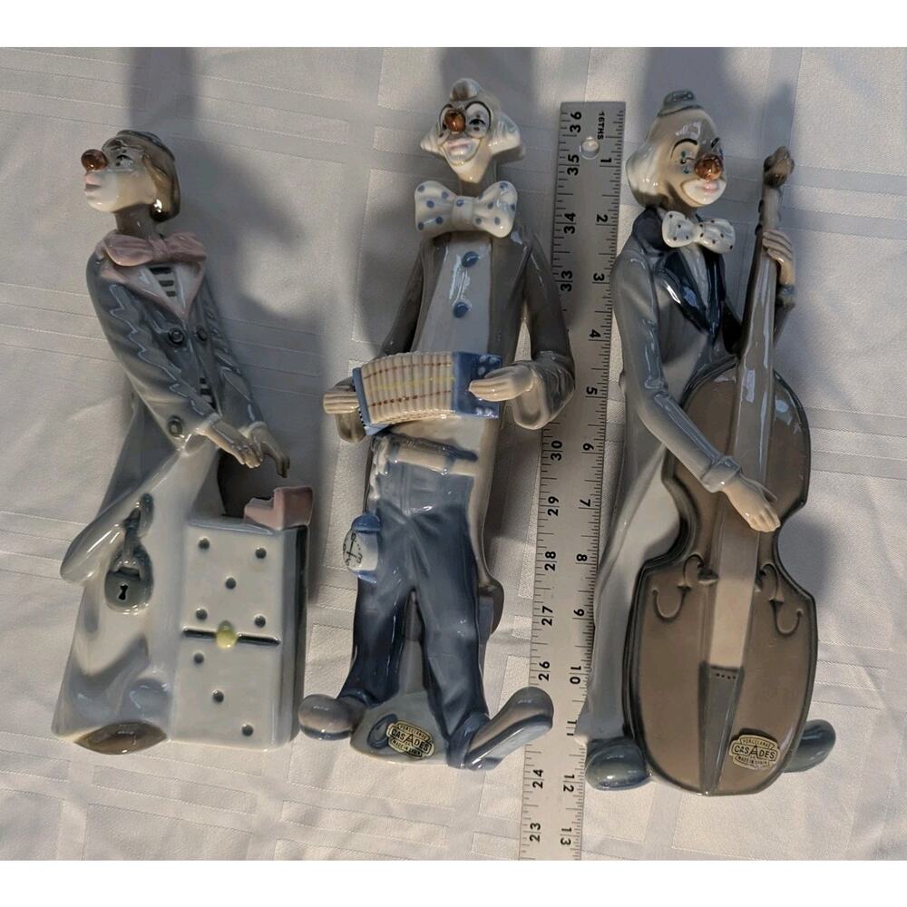Casades Set Of Three Porcelain Clown Figurines Musical Instruments 11"